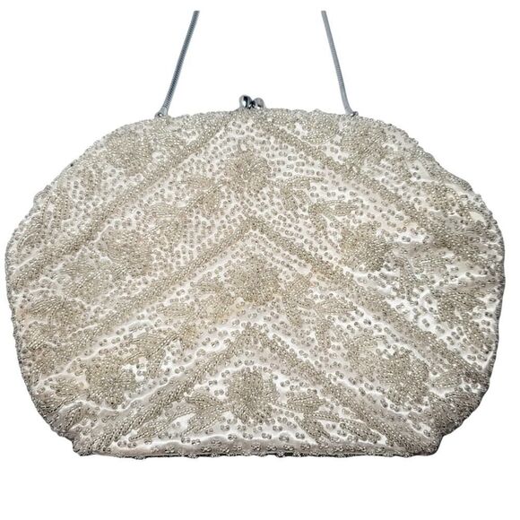 Vintage Off White Beaded Evening Formal Purse Bag Beige Metal Clasp Closure READ - Picture 3 of 12